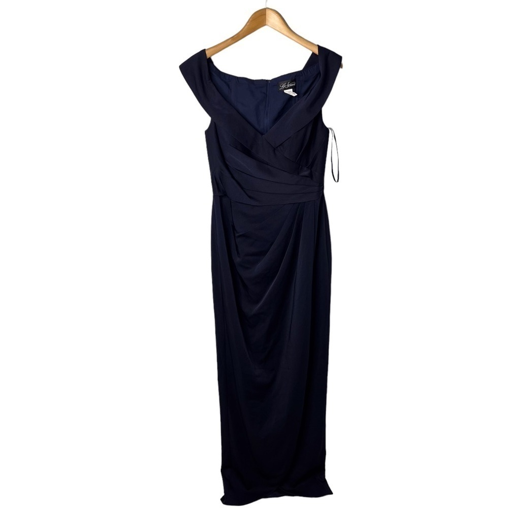 La Femme Surplice Off The Shoulder Column Gown Navy Blue Size 10 Pleaded Bodice - Picture 2 of 8